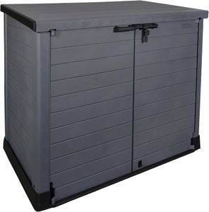 Duramax Cedargrain 1200L Plastic Garden Storage Shed – Grey, Flat Lid, Fits 2x 240L Bins, 145x85x125cm