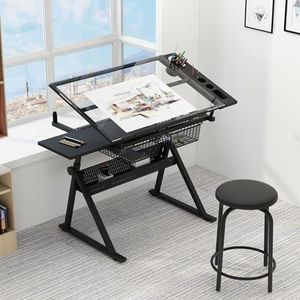 Garvee Drafting Table w/Stool, Height Adjustable Drawing Table, Multifunctional Art Craft Paintings Work Station w/2 Storage Drawers, 0-75° Tilting Glass Tabletop for Home Office, Black