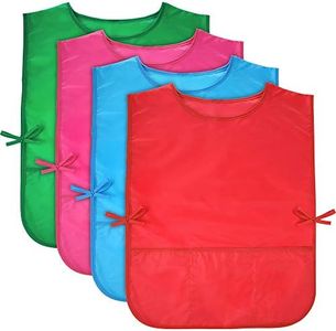 Pllieay 4Pcs 4 Colors Water Resistant Kids Art Smocks with 3 Pockets, Middle Size Children Artist Painting Aprons for Classroom, Kitchen Community Event, Crafts & Art Painting Activity, 5-10 Years,