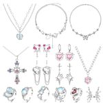 Finrezio 15Pcs Grunge Gothic Necklace Jewelry Set Y2k Star Moonstone Necklace Irregular Agate Heart Butterfly Pink Crystal Cross Pendant Necklace Earrings Y2k Rings Silver Natural Moonstone Indie Punk Coquette Stacking Rings Adjustable Y2k Accessories for Women