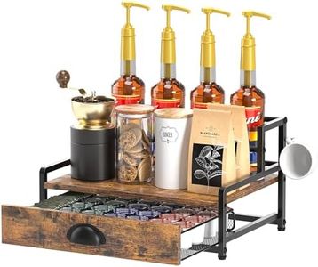 Coffee Syrup Rack Organizer, Coffee Pod Holder for Countertop, 8 Syrup Bottles Stand with Storage Drawer for 35 K Cups, Coffee Pod Drawer for Coffee Station, Home, Kitchen, Office, Dorm, Rustic Brown
