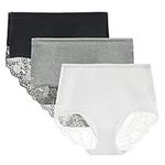 LIQQY Women's 3 or 4 Pack High Waist Comfort Cotton Lace Coverage Full Rise Briefs Underwear (Small, Black/Grey/White)