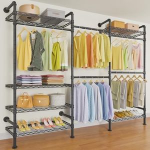 Timate F3 Garment Rack Heavy Duty Clothes Rack for Hanging Clothes, Expandable Industrial Pipe Wall Mounted Clothing Rack, Adjustable Storage Closet Wardrobe Closet Kit Walk in Closet Systems, Black