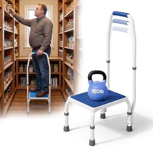Platinum Health AdjustaStep BARIATRIC Deluxe Step Stool/Footstool with Handle/Handrail, Height Adjustable. 2 Products in 1. Modern White/Blue Design. Padded Non-Slip Handle. 750lb Capacity.