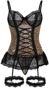 Foxiny Women's Underwire Lace Corset Bustier Lingerie Set Leo XXL Leopard