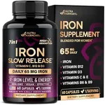 Iron Supplement for Women - Iron 65mg (Ferrous Sulfate 325mg) - Stomach Friendly | Slow Release Iron | High Absorption - Vitamins C, D3, B6, B12 & Folate - Iron Level & Energy Support - 60 Capsules