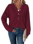 RIROW Womens Tops Long Sleeve Shirt Waffle Henley Hoodies Drawstring Sweatshirt Raglan Sleeve Button Up Fall Winter Sweater 2024 New Burgundy L