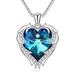 Beutirer Love Heart Necklaces for Women 18K White Gold Plated, Heart Crystal Pendant Necklace, Stainless Steel Chain and Angel Wings Pendants, Birthday Mother's Day Valentines Day Gifts for Women