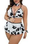 WDIRARA Women's Plus Size Cow Print Maid Costume Lace Trim Bralette and Skirt Lingerie Set with Choker Black and White 3XL