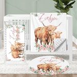 KAINSY Personalized Crib Bedding Set for Baby, Soft Baby Girl Nursery Bedding Crib Sets, 3 Pcs Double Layer Custom Name Baby Crib Set, Highland Cow Baby Bedding Set, Toddler Infant Customized Gifts
