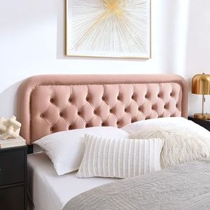 Beyetsea Upholstered Tufted Pink Queen Size Headboard Only, Padded Velvet Modern Headboards for Adjustable Bed, Fabric Wall Mount Head Board with Nailhead Trim，Easy Install