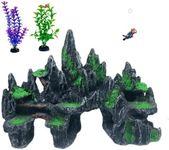 AWXZOM Extra Large Aquarium Decorations, Big Mountain View Aquarium Ornaments, Large Fish Tank Decorations, Come with 1 Little Diver and 2X 4inch Aquarium Plastic Plants (Extra Large Mountain)