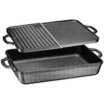 Bruntmor 3-In-1 Pre-Seasoned Cast Iron Pan with Reversible Grill Griddle Lid - 17.8"x11"x3.3" Non-Stick Multi Cooker Deep Roasting Grill Pan - Dutch Oven, Frying or Roasting Pan for Open Fire Camping