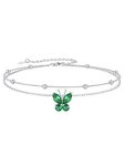 925 Sterling Silver Ankle Bracelet Women Green Charm Layered Anklets Adjustable Emerald Birthstone Butterfly Anklets with Bead Chain