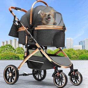 YITAHOME Dog Pushchair, Pet Stroller 3-in-1, One-Click Foldable Cat Dog Stroller, Dog Pram with Detachable Carrier Storage Basket Cup Holder Removable Hanging Bag, Car Seat, Dog Buggy (Black)