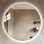 ZYLEDW Round Illuminated Bathroom Mirror - Wall Mounted Anti-Fog Vanity Mirror - Metal Frame Backlit Makeup Mirror - 3 LED Light Color Dimmable - IP44 Waterproof, Double Touch, Gold, 500x500mm