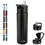 HASLE OUTFITTERS Insulated Water Bottle 22 oz Double Wall Stainless Steel Water Bottle Wide Mouth with Straw Lid & Spout Lid Keeps Cold or Hot(Black,1)