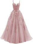 Greekknight Tulle Lace Applique Prom Dresses Long A-Line Spaghetti Straps V Neck Wedding Bridesmaid Formal Ball Gown, Dusty Rose, 14