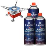Hacer Portable Camping Gas Stove for Travel with Butane Gas Cylinder, Foldable Furnace & Refill Canister Kit, Lightweight Gas Burner for Hiking & Emergency Cooking Use (3 Gas Refill + 1 Stove)