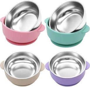 JVEOO 4 Pack Stainless Steel Baby Bowls with Suction, 2-in-1 SUS304 Toddlers Bowl & Removable Silicone Suction Kids Bowl Anti Scald Non Toxic Snack Container for Baby Food Feeding