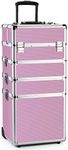 OUDMAY Makeup Train Case 4 in 1 Professional Cosmetics Rolling Organizer Aluminum Frame and Folding Trays Pink