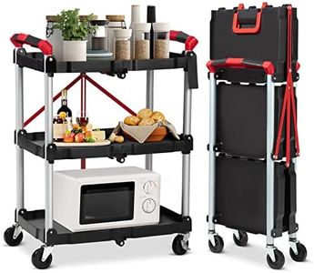 Towallmark Portable Folding Service Cart, 3 Tier Folding Utility Cart, Collapsible Utility Carts for Office, Warehouse, and Home, 56 Lbs Load Capacity per Shelf (Black & Red)