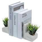MyGift Modern Gray Concrete L-Shaped Bookends for Heavy Books with Artificial Green Grass Plants, Decorative Heavy Duty Book Stands for Office Desktop or Bookshelf, 1 Pair