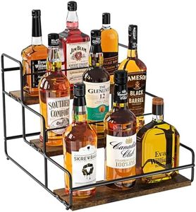 Nuovoware Liquor Bottle Display Shelf, 3-Tier Liquor Shelf, Carbon Steel Bar Cabinet with Wooden Base and Retainer Bar for Whiskey Syrup Wine, Wine Rack for Countertop Kitchen Coffee Bar, Black