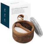 KITCHENDAO Acacia Wood Salt and Pepper Box Cellar Bowl with Grey Marble Lid and Built-in Spoon, Large Salt Container Cellar Storage Herb Sea Bath Salt Spice, Dual 5Oz Capacity