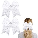 Large Cheer Hair bows with Rhinestones,Cheerleading Bow with Ponytail Holder Elastic Band for Cheerleaders Teen Girls College Sports (White)