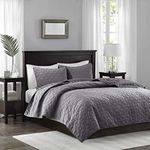 Madison Park Harper Quilt Set Velvet Casual Geometric Stitching Design All Season, Lightweight Coverlet, Cozy Bedding, Matching Shams, King/Cal King(104"x94"), Grey 3 Piece