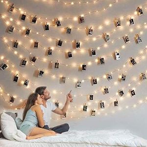 BRYUBR Photo Clip String Light - 33Ft 100LED Fairy Lights with Clips for Pictures, Photo Lights with 50 Clear Clips for Dorm Bedroom Wall/Wedding Décor