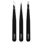 Ross 3PCS Precision Tweezers Set – Stainless Steel Slant, Pointed & Curved Tips – Professional Kit for Eyebrow Shaping, Facial Hair, Ingrown Hair & Splinter Removal, Craft & Beauty Use – Black Finish