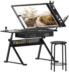 sogesfurniture Adjustable Drawing Table with 2 Drawers & Storage Shelf, Glass Drafting Table Drawing Desk Craft Station with Stool, Art Table for Drawing, Painting, Writing, Study, BHCA-UT-DT1027-WT