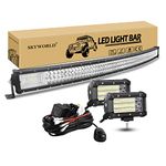 SKYWORLD 50 inch 648W Curved LED Light Bar, 2 Pcs 5 inch 135W Flood Driving Lights With 1 Pcs 12V 2 Lead Wiring Harness Cable Kit for Car Off road Truck Tractor SUV 4x4 Boat lighting, 6000K White