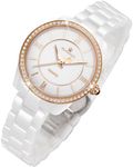 GUANHAO Fashion Ceramic Women's Watch Simple Diamond Dial Quartz Waterproof Dress Women's Watches with White Ceramic Strap, Rose-Gold Classic Ladies Watches