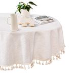 MYSKY HOME Round Tablecloth Nappe Round Table Cover Picnic Linen Boho Table Cloth Waterproof Tablecloths Table Cover for Kitchen Dining Party Holiday Christmas, Round 60 Inch, Beige with Beige Tassels