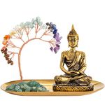 7 Chakra Healing Crystal Tree and Zen Statue Sakyamuni Buddha Statue，Meditation Chakra Decoration，Home，Shelf，Office，Mantle Decoration，Good Luck，Health and Wealth (Bronze)