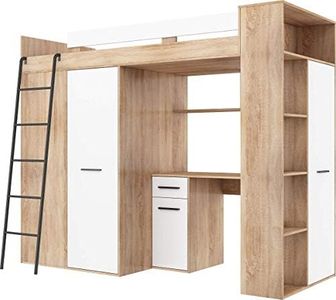 FurnitureByJDM Lit Mezzanine avec Bureau, Armoire et bibliothèque - VERANA Gauche - (Chêne Sonoma - Blanc)