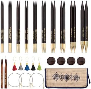 Lantern Moon Interchangeable Knitting Needles – 10 Pairs of 10cm 4” Tips – 3 Swivel Cords 60,80,100cm – End Caps, Stitch Markers - Khadi Silk Zippered Case, Ebony