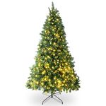 SA Products 7ft Pre-Lit Artificial Christmas Tree – 1,560 Alaskan Pine Tips - Christmas Tree with 600 Vibrant LED Lights, 8 Lighting Modes & Timer, Slim PVC Xmas Tree for Small Spaces & Holiday Decor