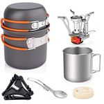 Gurukim 8pcs Camping Cookware Set, Camping Pot and Pan Set with Mini Backpacking Stove Stainless Steel Cup Spork and Tank Bracket Cleaning Tools Mesh Bag,Cooking Gear for Outdoor Hiking Picnic