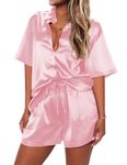 Ekouaer Satin Pjs for Women Button Up Pajamas Set Silk Short Sleeve Loungewear 2 Piece Set Bridal Wedding Party Pink,Large