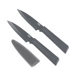 Kuhn Rikon Colori+ 2 Pc Grey Kitchen Knife Set (1x Paring Knife, 1x Serrated Kitchen Knife) Stainless Steel Blade Kitchen Knives Set. Sharp Knife Set – 3 Year Kuhn Rikon Kitchen Accessories Guarantee