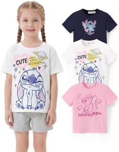 Disney Stitch Angel Girls T Shirts 3-Pack Short Sleeve Cotton Tees Kids Graphic Top Summer Crewneck Casual Cute 3–4T