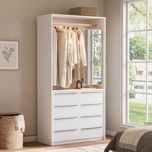 SUCSSRICH Closet System with 8 Drawers, 3ft Wood Closet Organizer System with Full Length Mirror and Rechargeable Motion Sensor Light, Metal Hanging Rod for Walk-in Closet, White