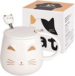 White Cat Mug Cute Ceramic Coffee Cup with Kawaii Lid and Lovely Stainless Steel Spoon Novelty Morning Cup Coffee Milk Tea Mugs - 3D Animal Cat Mugs for Cat Lovers Women Gifts(White)