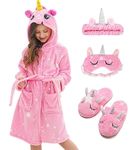 Girls Unicorn Hooded Robe with Matching Slippers, Headband, Blindfold Pink 3-5-6 Years