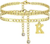 LANG XUAN 14K Gold Ankle Bracelets for Women Waterproof Set Boho Cuban Link Anklets Initials Letter Name Non Tarnish Extra Large Ankle Chain Layered Foot Jewelry Personalized Gifts