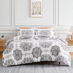 Southshore Fine Living, Inc. Oversized King Sized Comforter Bedding Set, Down Alternative Boho Bedspread, Paisley Floral Print Comforter, California/King with 2 Matching Shams, Grey on White
